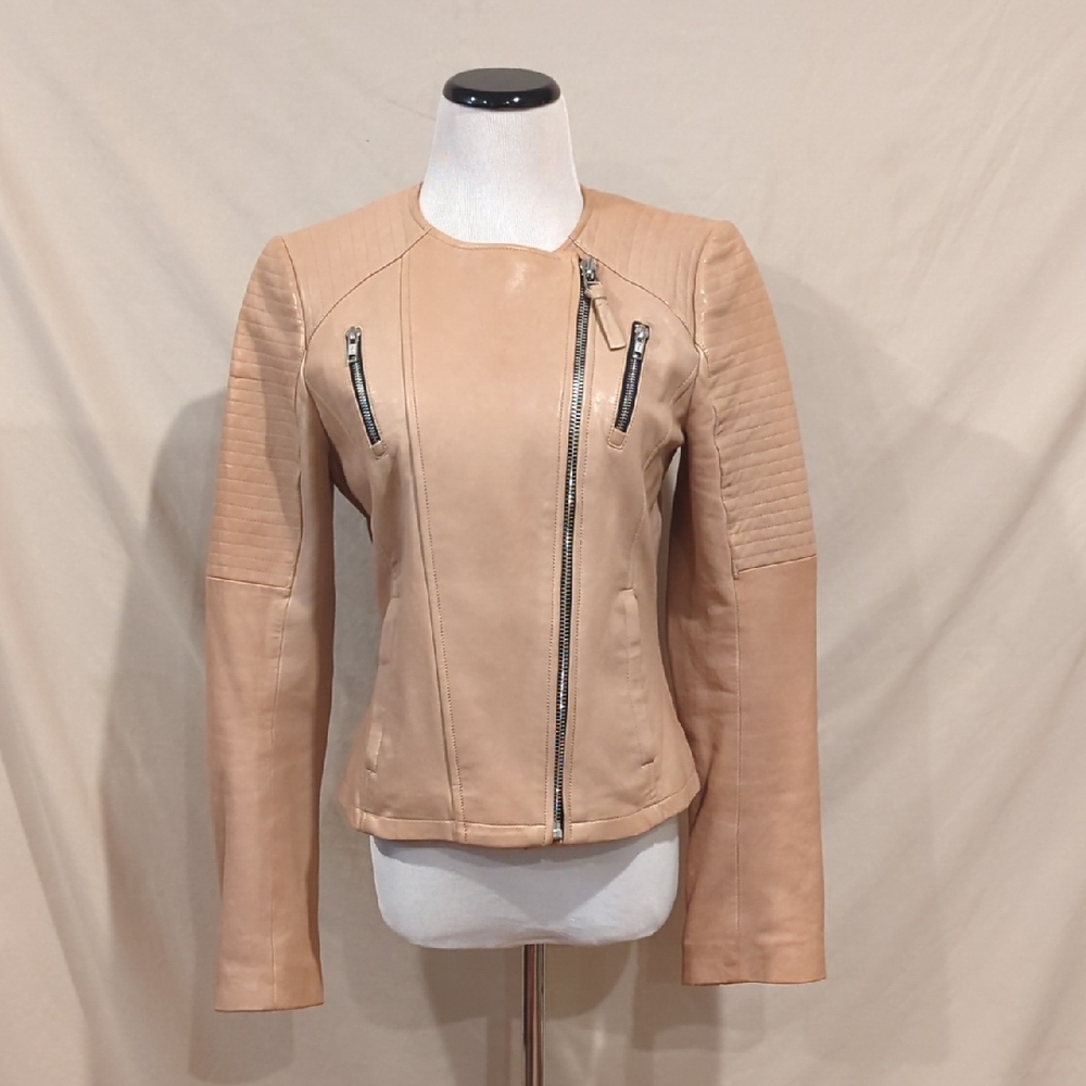 Mackage Tan Lambskin Leather "Sabine" Moto Jacket with Zipper Details